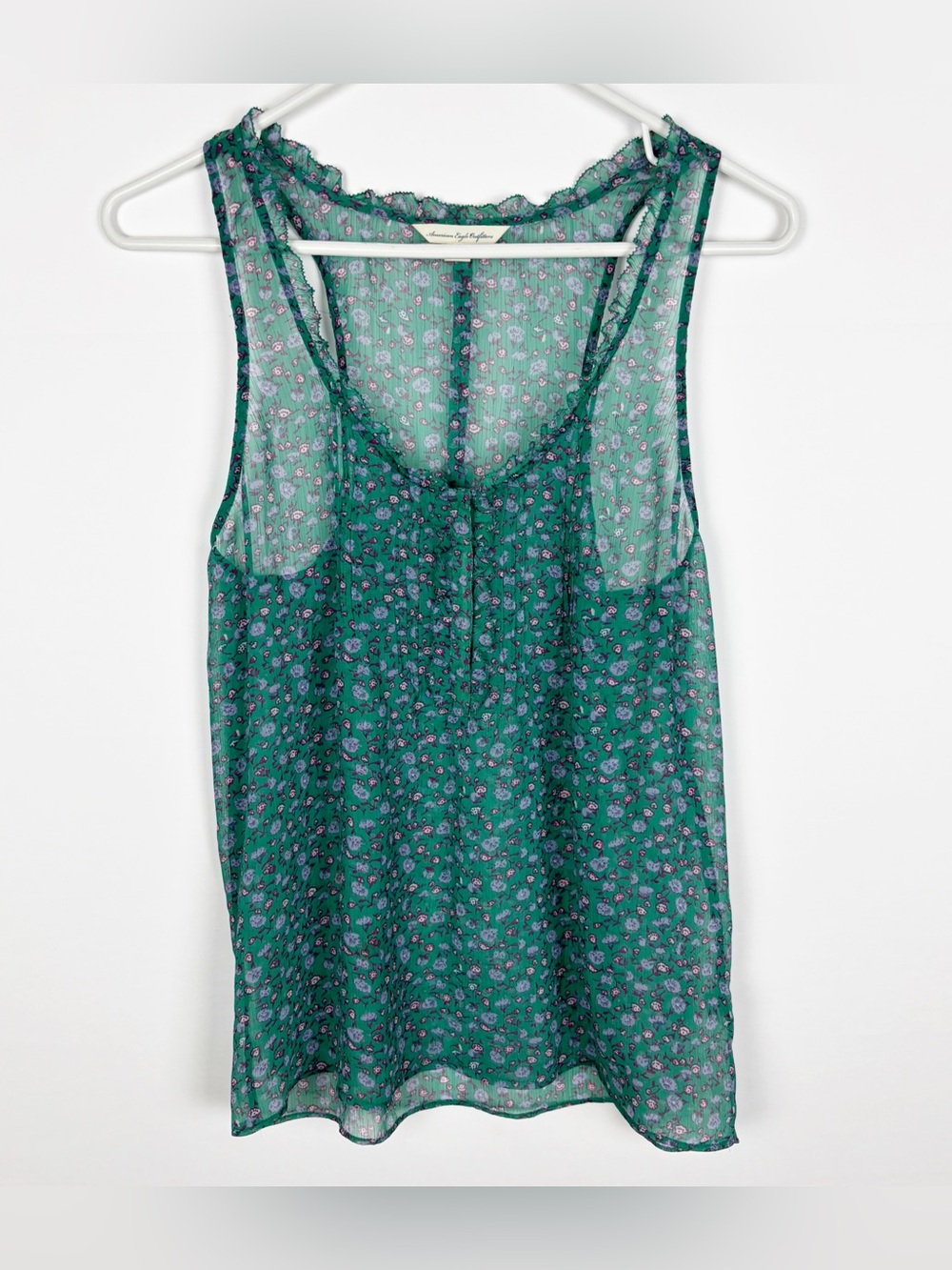 Y2K American Eagle Top Size 4 Green Floral Sheer Ruffle Vintage Feminine